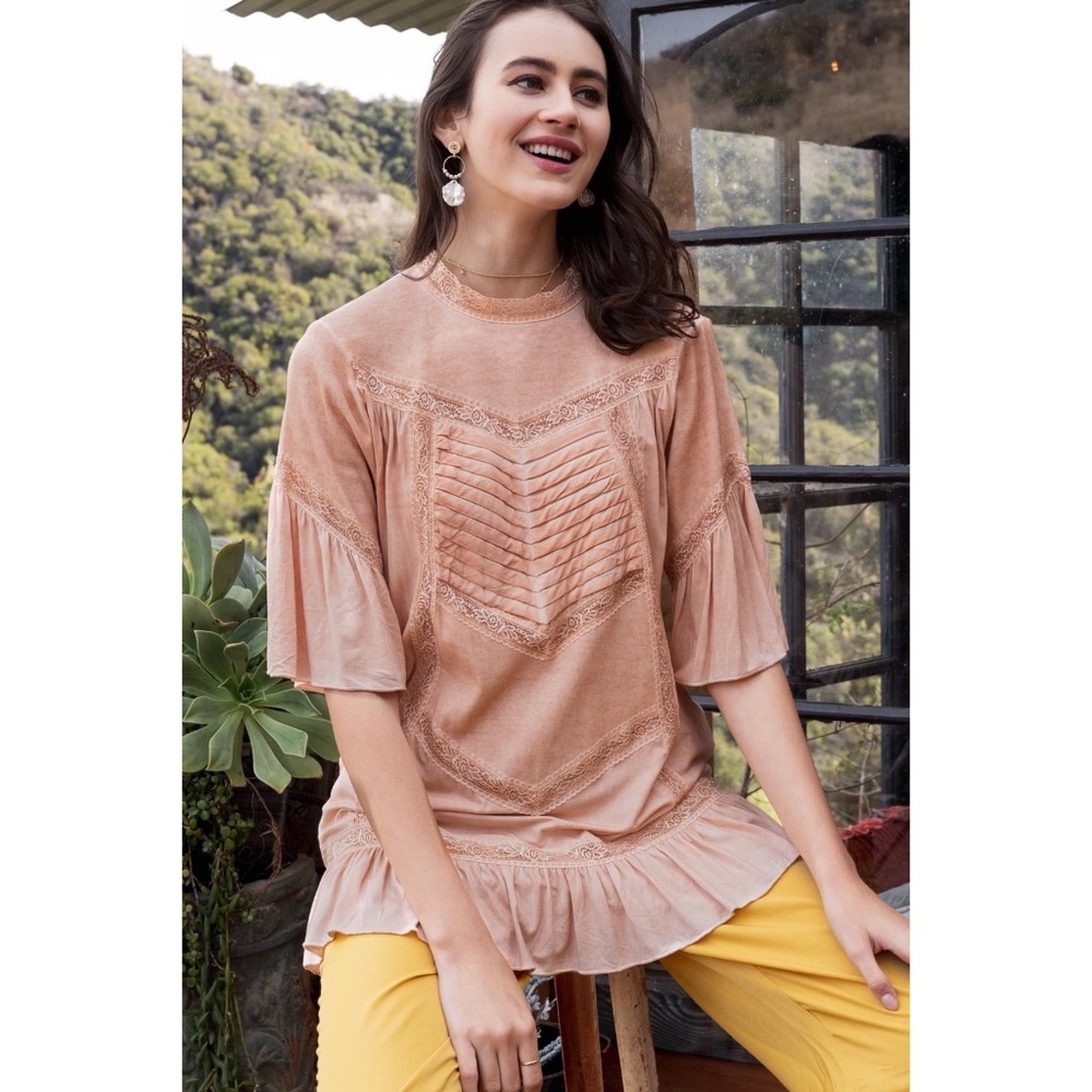 POL Light Coral Pleated & Ruffled Short Sleeve Tunic Top - Picture 3 of 8